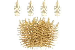 MWOOT 16 Piezas Hojas Artificiales de Navidad con Purpurina, Hoja de Arbusto de Helecho Oro, Tallos de Hojas Falsas para DIY Manualidades Guirnalda Árbol de Navidad Mesa Decoración del Hogar y Jardín