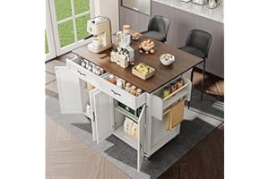 Rtopsu Isola Della Cucina Allungabile, Tavolo da Cucina Pieghevole con Cassetti Contenitore e Armadio, Moderno Tavolo Versatile con Ruote, Carrello da Pranzo per Soggiorno Sala da Pranzo, Beige A