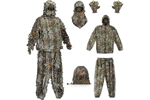 SOMHE 3D Ghillie Camouflage Suit, Jungle Ghillie Suit Woodland Camouflage Suit Clothing with Camouflage Caps Gloves for Hunting Concealed Halloween