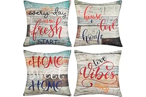HOMESTILEZ Copricuscini Divano Sweet Love Home Federa, Set di 4 Retro Cotone Lino Quadrato Federe Cuscini Blu Marrone Legno Mediterraneo Decorativo Fodere per Cuscino 45x45 cm per Soggiorno Camera da Letto