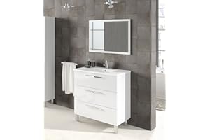 Abitti Mueble Lavabo de baño o Aseo con Espejo, Marco a Juego y lavamanos cerámico Incluido, 3 Zonas de Almacenamiento Color Blanco Brillo. 86X80x45cm