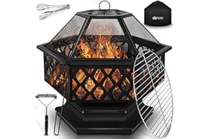 tillvex Brasero Extérieur BBQ | Foyer Poêle pour Jardin, Terrasse | Chauffage avec Gril-Le à Charbon + Couvercle | Cheminée Feu pour Barbecue avec Tissonier Noir (Hexagonal)
