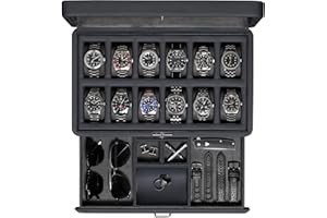 ROTHWELL Cofanetto per orologi di lusso per 12 orologi, in pelle PU, con coperchio in vero vetro, cassetto estraibile per accessori con scomparti multipli (carbonio)