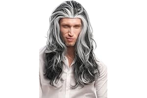 WIG ME UP - 29938B-ZA103-ZA60 Peluca Hombres Mujeres Carnaval Halloween Gris, Larga, Melena Blanca y Negro,veteado Vampire Lord Drácula 55 cm