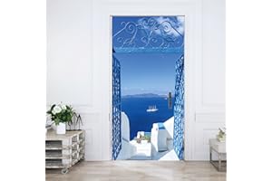 murimage Papier Peint Porte Santorini 86 x 200 cm Photo Mural Mer Porte Bleu Navire Grèce Méditerranée Cuisine Chambre Wallpaper Colle Inclus