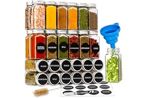 Deco haus® Juego de 36 tarros para especias rectangulares con etiquetas para especias, tarros de especias con inserto para esparcidor, juego de 36 tarros para especias y especias