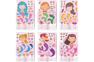 JUUFLA 24 PCS Mermaid DIY Stickers Party Bag Fillers Gift Set for Kids, Mermaid Make a Face Art Craft Birthday Party Decorations Party Supplies, Make Your Own Sticker for Goodie Bags, Mermaid Party Favours
