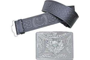 KILT MANIA Leather Kilt Belt and Buckle Set, Scottish Thistle Embossed Belt with Silver Antique Celtic Knot Buckles Crafted Pewter – Kilt Belts For Men
