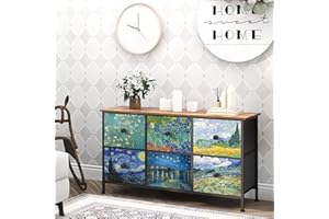 ‎VEDECASA VEDECASA Kleine Kommode mit 6 Schubladen Kommode für Schlafzimmer Van Gogh Schubladenkommode Aufbewahrungsturm für Wohnzimmer Schlafzimmer Flur Büro Metallrahmen Holzplatte Stoffkommode