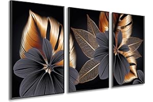 DekoArte - Tableau decoration murale salon STYLE FLOWERS 50x70 cm x3 pièces - Tableaux avec cadre noir inclus