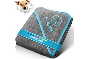 FeelTheWau Hundehandtuch kleine Hunde - Hundehandtuch Extra saugfähig - Für Waschmaschine und Trockner - Hunde Handtuch mit Taschen - Beliebtes Geschenk Hund - Design grau türkis - 90x50 cm
