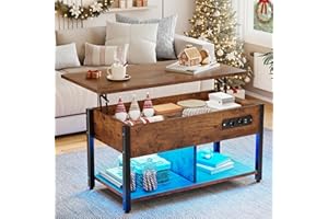 YITAHOME Tavolino da Caffè con Ripiano Elevabile e Illuminazione a LED, Tavolino Soggiorno Moderno con Vano Portaoggetti Nascosto, Tavolino Regolabile in Altezza, Marrone Rustico