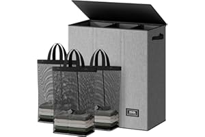 SOLEDI Laundry Basket 3 Section 160L Laundry Hamper with Lid Clothes Hamper Collapsible Washing Basket Bag, Foldable Washing Bin for Bedroom, Laundry room, Livingroom (Grey)