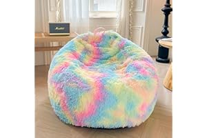 XeGe Faux Fur Comfy Bean Bag Cover for Living Room(No Filler), Tie Dye Fluffy Stuffed Animal Storage Bean Bag Chair Cover, Furry Fuzzy Big Beanbag Cover for Adult Teen Kid Girl, Anti-slip, Rainbow