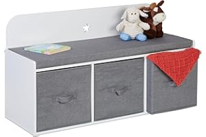 Relaxdays Asiento Infantil con Almacenaje de Juguetes, 54 x 99 x 35 cm, Dormitorio o Pasillo, Banco Niños, Blanco y Gris, Tablero de Fibras
