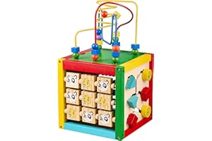BALINCO Motor Cube Jungle, a 5 Facce, Include Labirinto di Perline, Abaco, Labirinto di Blocchi da Costruzione, Orologio a lancette tigrato, cubo per Bambini, Giocattolo in Legno a Partire da 6 Mesi