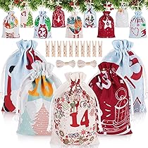 Calendario Dell'Avvento Fai Da Te In Stoffa - 24 Sacchetti Con Adesivi Natalizi - Riutilizzabile - Foto 8