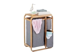 Relaxdays Cesto Portabiancheria in Bambù, 3 Sacchi di Stoffa, Mobiletto Bagno, HLP: 70x49x33,5 cm, Naturale Grigio