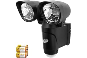 GP BATTERIES GP Safeguard RF4 - drahtlose, batteriebetriebene Sicherheits-Lampe mit Bewegungsmelder und 2 hellen LED-Strahlern, wetterfest nach IP44, schwarz (inkl. Batterien und Installationsmaterial)
