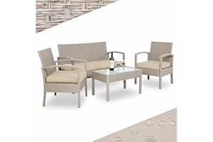 Casaria® Salon de Jardin en Polyrotin Crème 4 Personnes 2 chaises 1 Banc Meubles d'extérieur Jardin terrasse Balcon résistant intempéries
