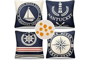 CHEEKYWARES Funda de Cojín 50 x 50 Impermeable Funda Almohada Náutico Marítimo Estampado Anclas Velero Faro Brújulas Fundas Cojines Lino Decoración para Sofá, Coche, Cama, Jardín, Balcón, Azul Marino, Juego de 4