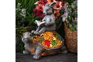 TERESA'S COLLECTIONS Rabbit on Tortoise Garden Ornaments Outdoor with Solar Lights, Bunny & Turtle Animal Funny Statues Figurines for Garden Gifts Decorations Lawn Yard & Patio, 23cm