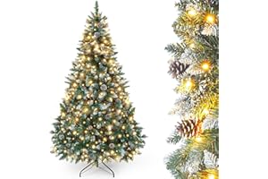 ‎YORBAY Yorbay künstlicher Weihnachtsbaum mit Beleuchtung und weißem Schnee, LED Tannenbaum für Weihnachten-Dekoration mit echten Tannenzapfen, Feuerbeständig (180CM)