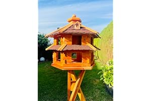DARLUX Vogelvilla wetterfest von L bis XL Futterhaus Vogelhaus mit oder ohne Ständer in Braun mit Rot, Grün oder Blau für Garten und Balkon (Größe XL mit Ständer, Rot - Braun)