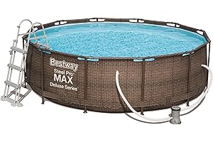 Bestway Power Steel Deluxe Piscine Tubulaire Ronde avec Cadre en Acier Solide Kit Complet Aspect rotin 366 x 100 cm, Marron