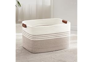 MYHOMMATTO Wäschekorb Geflochten Groß aus Baumwollseil, 72L Aufbewahrungskorb mit Lederhenkeln, Korb für Decken, Kleidung, Spielzeug, Laundry Basket für Kinderzimmer Wohnzimmer, 55 x 43 x 30 cm, Weiß und Braun