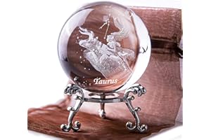HDCRYSTALGIFTS Pisapapeles de cristal con constelación láser 3D, esfera completa, cristal Fengshui con soporte de flores chapado en plata (Tauro)