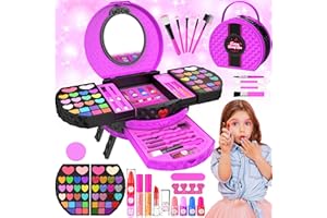 GOLMUD Set di trucchi per bambini con supporto portatile, 66 pezzi, lavabile, per il trucco per bambini, per ragazze, giocattoli, regali di compleanno per ragazze 3, 4, 5, 6, 7, 8, 9, 10 anni