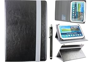 Emartbuy Universal 10-11.5 Inch Black Multi Angle Folio Wallet Case Cover With Card Slots Grey Elastic Strap and Stylus Pen Compatible With Selected Devices Listed Below