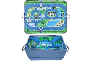HECKBO Organisateur de voiture et tapis de jeu 4 en 1 - Boîte de rangement de jouets pour enfants - Tapis de jeu pliable avec motif de rue - Fixation sûre dans la voiture, 91cm x 72cm