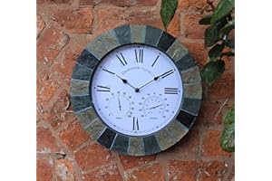 HH Home Hut SLATE EFFECT GARDEN WALL CLOCK & THERMOMETER & HUMIDITY INDOOR OUTDOOR