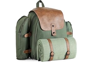 VonShef Picnic Backpack, 4 Person Green Adventure Bag with Full Dining & Cutlery Set, Insulated Cooler Compartment & Large Waterproof Picnic Blanket, Lightweight Water Resistant Camping Accessories
