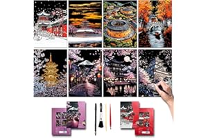 SiYear Scratch Art Painting Paper Set for Adults & Kids,Landmark Building City Series Night Scene,Scratchboard Creative Gift DIY Foil Engraving Crafts with 4 Tools (Asian Series-A3-8Pack)