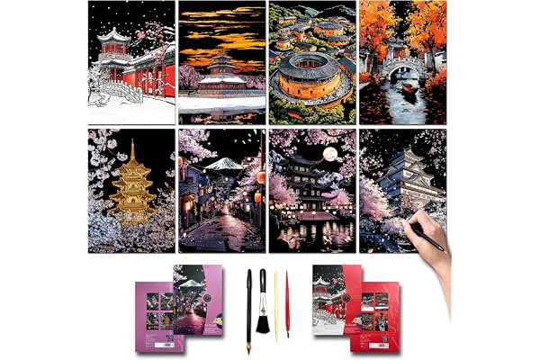 SiYear Lot de 8 Feuilles de Papier de Peinture à gratter pour Adultes et Enfants, série Monument, scène de Nuit, Tableau à gratter, Cadeau créatif, Gravure en Feuille d'aluminium avec 4 Outils