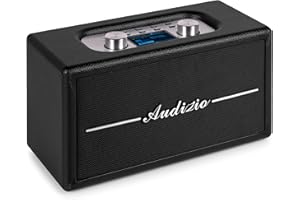 Audizio Tune60, DAB Radio mit Bluetooth Lautsprecher, Fernbedienung, FM, 40 Watt, Batterie- Netzbetrieb, LCD, 20 Speicherplätze, USB/TF, AUX, Wecker, Leder Vintage DAB+ Radio, Schwarz