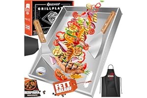 ‎KESSER KESSER® Grillplatte Plancha aus Edelstahl 40x30cm rostfrei mit Fettablauf, hitzebeständig bis 800°C & Spülmaschinenfest für Gas & Holzkohlegrill inkl. 2 Spatel, Grillschürze, Grillmatte & Rezeptbuch