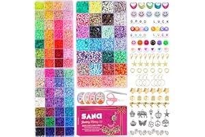 SANCI Clay Beads Bracelet Making Kit, 16000 Pcs Clay Bead Kit, Include 84 Colors of Polymer Clay Beads & Flat Beads, Clay Beads Charms, Letter, Emoji & Heart Beads, Elastic String, Scissor & Tweezer.
