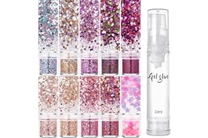 SHENGQIALUN Body Glitter Face Glitters Cosmetic Glitters, 10 Color Pink Chunky HairGlitter with Glue for Body, Cheeks, Hair, Nails, Festival, Stage, Halloween, Party