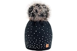 morefaz Femme Beanie Cristaux Chapeau Hat Crystal Grande Pom Pom Bonnet d'hiver Chaud Doublure Polaire MFAZ Ltd