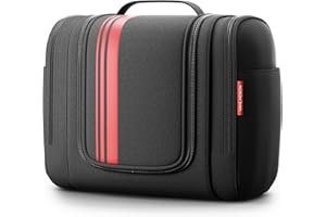 VANLINDSON Neceser XXL para Viaje [9 litros de Espacio, Diseño 2025] - Neceser Mujer y Hombre Colgante, Bolsa de Aseo Ideal para Maquillaje y Organización (Negro/Rojo)