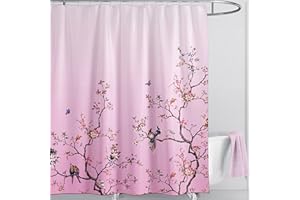 LIVETTY Pink Bird Floral Shower Curtain 180cm × 180cm Mould Proof Butterfly Fabric Bathroom curtain For Women & Men With 12 Hooks Washable Quick-Drying Curtains