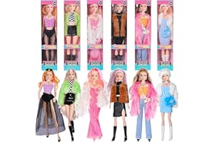 dollbie Unique Style 6 Pack 11.5 inch Prinecess Dolls American Toy Playset with Fashion Dress Outfits and Accessories Like Glasses Handbag Hat Crown Necklace (Gift Box Package)