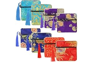 Pinowu 8pcs Silk Brocade Jewelry Bags with Zipper (11.5x11.5cm), Jewellery Silk Purse Pouch Gift Bags for Women Coins Traveling Jewelry Rolls Wedding Birthday Party Favors