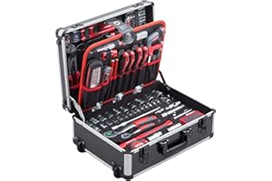 Meister Werkzeugtrolley 156-teilig - Werkzeug-Set-Mit Rollen- Teleskophandgriff/Profi Werkzeugkoffer befüllt/Werkzeugkiste fahrbar /Werkzeugbox komplett mit Werkzeug, Schwarz/Silber, 8971440