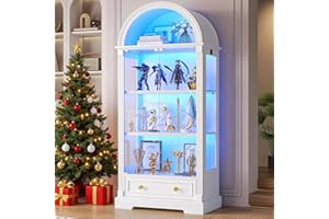 FREDEES Arched Display Cabinets with Glass Doors, 72" Tall Curio Cabinet with Human Sensor LED Lights, 4-Tier Display Case for Collectibles Bookcase Living Room, White