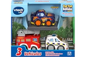VTech - TutTut Bólidos Pack de 3 Coches con botón Sorpresa, María la policía, Valiente camión de Bomberos y Victoria Coche Carreras, Multicolor, Versión ESP
